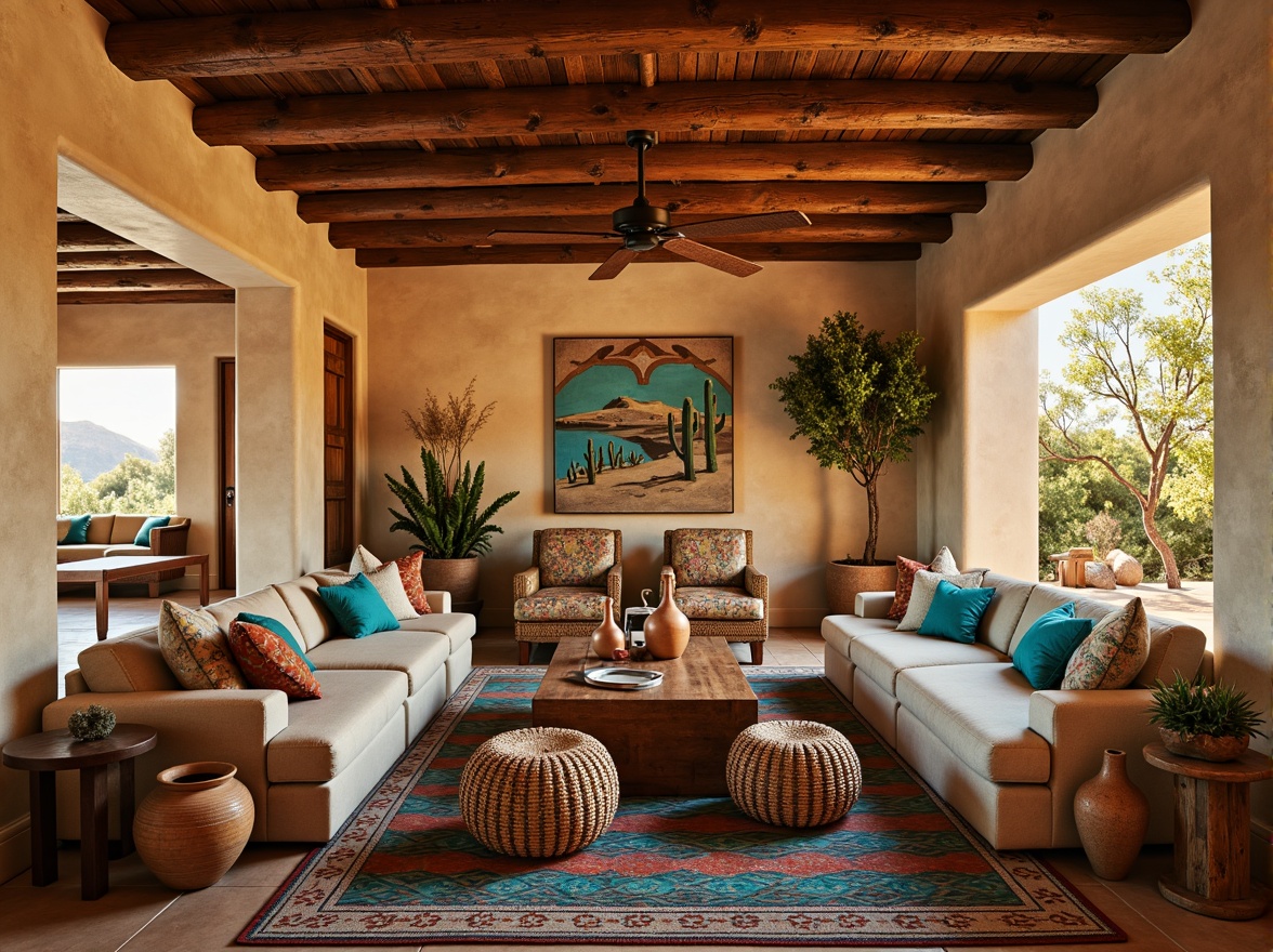 Prompt: Southwestern-themed living room, warm earthy tones, rustic wooden accents, bold turquoise hues, geometric patterned rugs, plush sectional sofas, woven wicker armchairs, natural fiber ottomans, reclaimed wood coffee tables, terracotta pottery vases, vintage Native American-inspired textiles, sunny desert landscapes, adobe-style architecture, warm golden lighting, shallow depth of field, 3/4 composition, realistic textures.