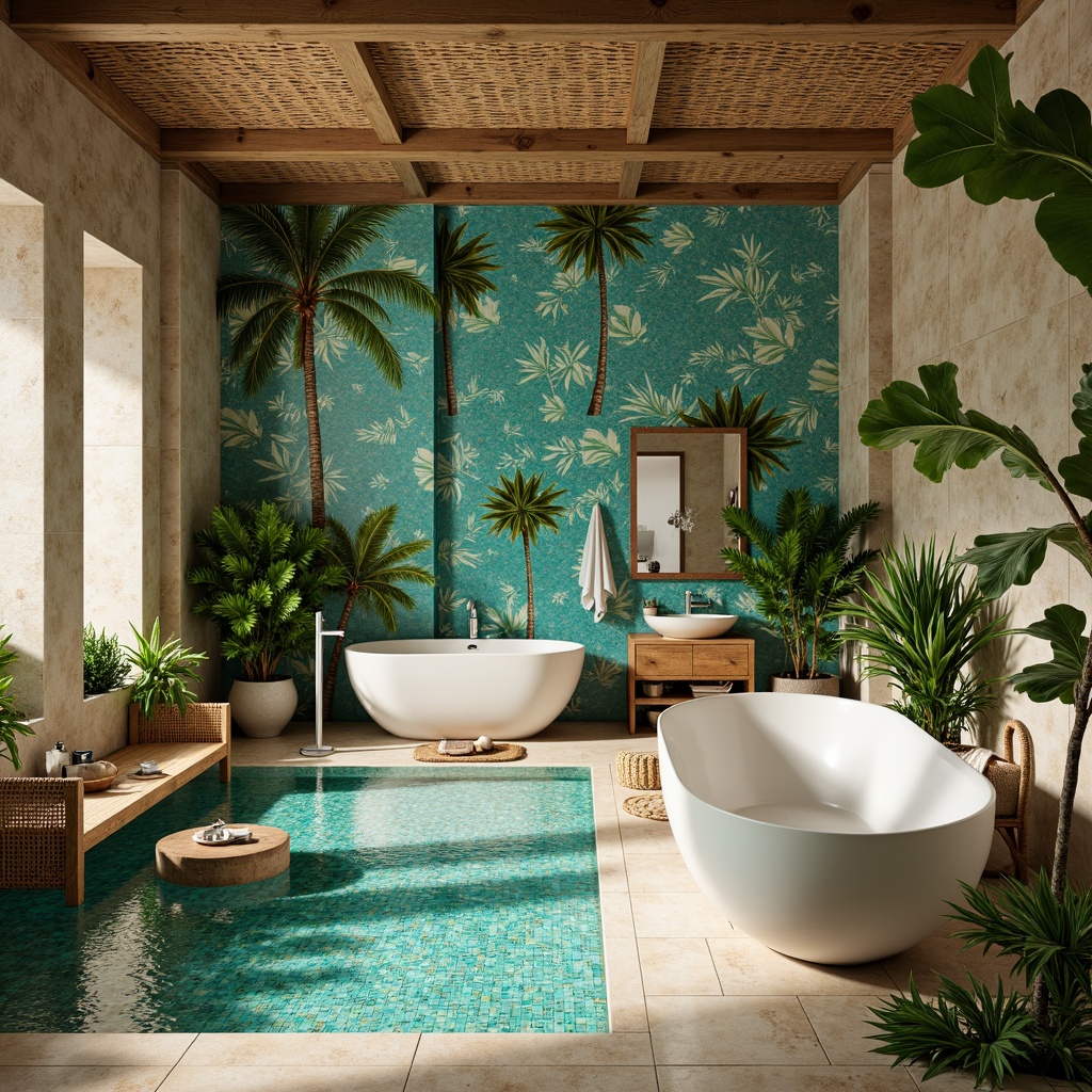 Prompt: Vibrant tropical bathroom, exotic island vibes, turquoise mosaic tiles, natural stone walls, woven wicker furniture, lush greenery, floral patterns, palm tree motifs, warm beige colors, soft ambient lighting, 1/2 composition, realistic textures, shallow depth of field, modern minimalist decor, elegant freestanding tubs, rainfall showerheads, nature-inspired accessories.