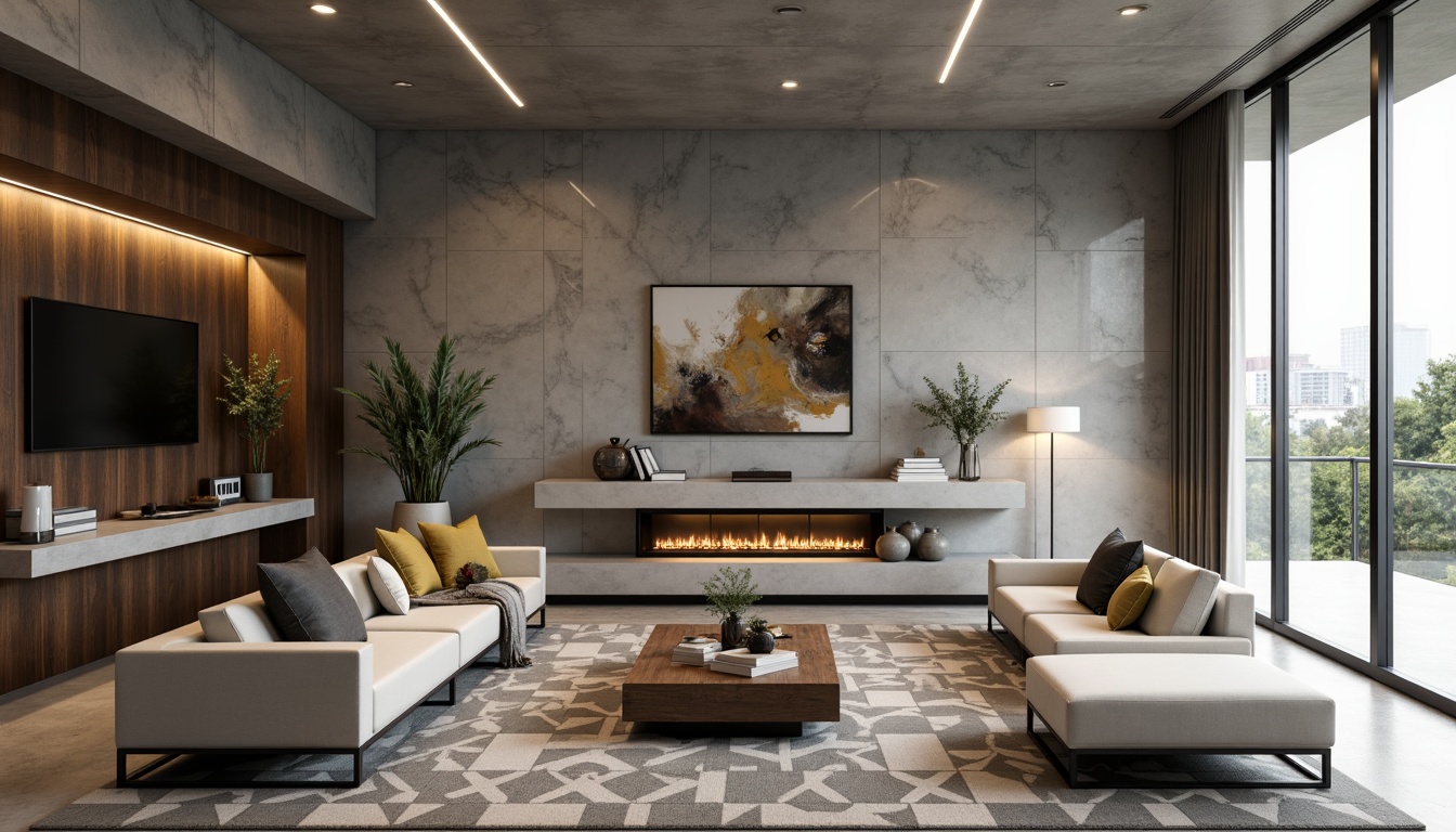 Prompt: Minimalist living room, sleek walls, polished concrete finishes, industrial chic textures, metallic accents, glossy paint coatings, subtle gradient effects, modern abstract art pieces, geometric patterned rugs, low-profile furniture, ambient soft lighting, 1/2 composition, shallow depth of field, realistic reflections, luxurious atmosphere.