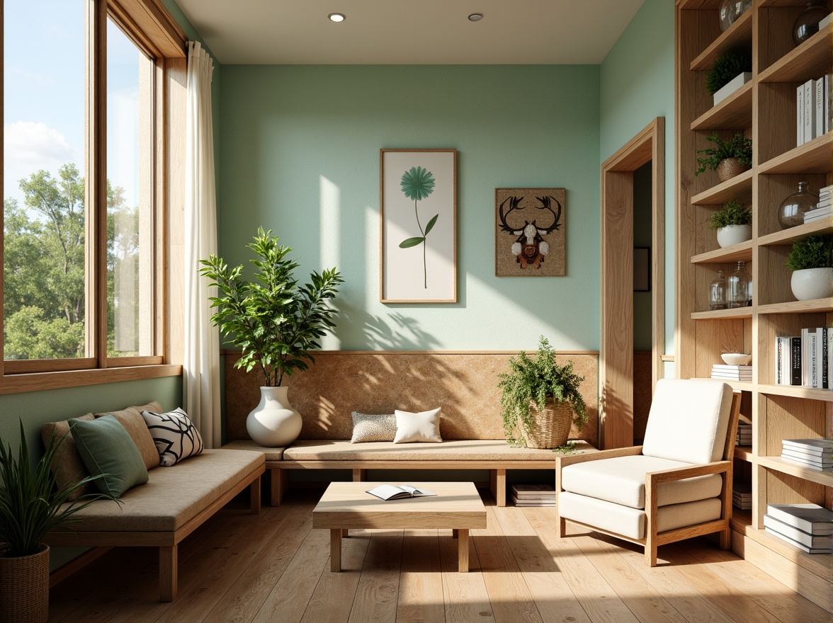 Prompt: Soft mint walls, warm cork accents, natural wood textures, earthy terracotta floors, creamy whites, subtle sage undertones, rustic metal decorations, vintage distressed finishes, cozy reading nooks, lush greenery, morning sunlight, softbox lighting, shallow depth of field, 2/3 composition, realistic renderings, ambient occlusion.