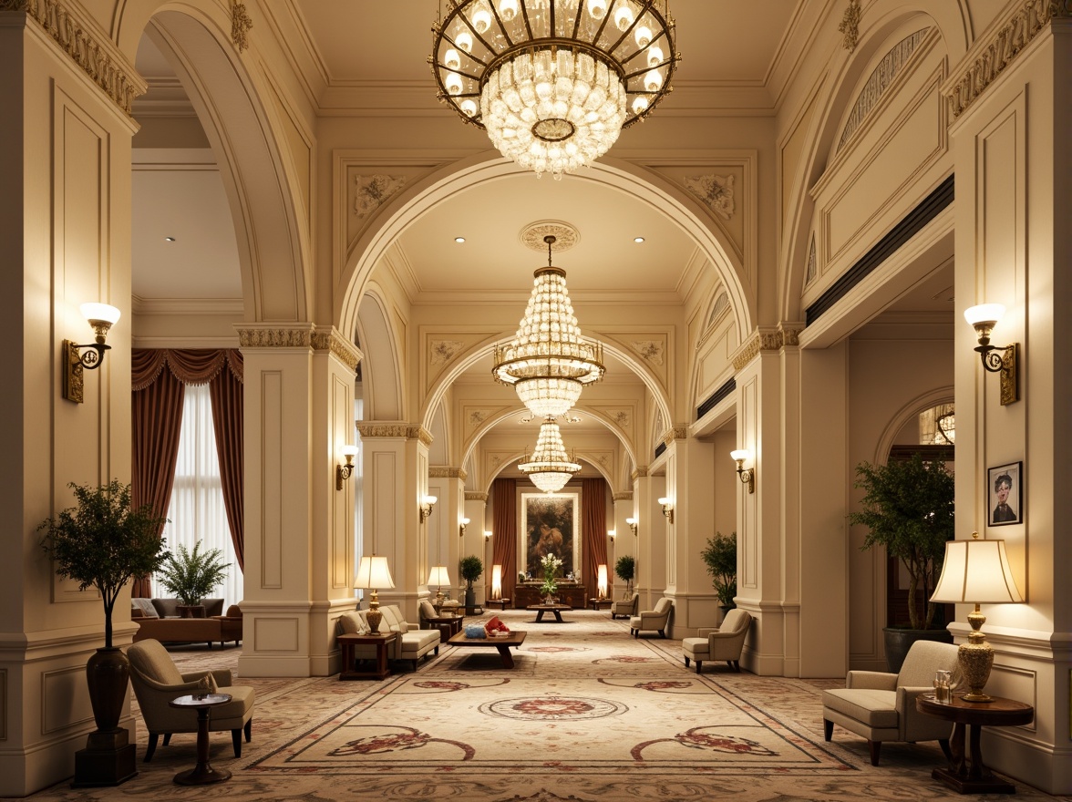 Prompt: Elegant hotel lobby, ornate chandeliers, refined molding details, cream-colored walls, rich wood paneling, luxurious fabrics, subtle patterned carpets, sophisticated ceiling ornaments, intricate stucco work, grandiose archways, majestic columns, warm golden lighting, soft shadows, 1/1 composition, symmetrical balance, realistic textures, ambient occlusion.