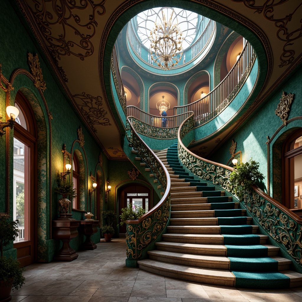 Prompt: \Intricate Art Nouveau staircase, swirling organic lines, flowing curvatures, luxurious velvet fabrics, rich jewel-toned colors, emerald green, sapphire blue, amethyst purple, golden accents, ornate metalwork, filigree patterns, natural stone steps, carved wooden banisters, dramatic chandelier lighting, soft warm glow, low-contrast shading, cinematic camera angle, 1/2 composition, realistic textures, ambient occlusion.\