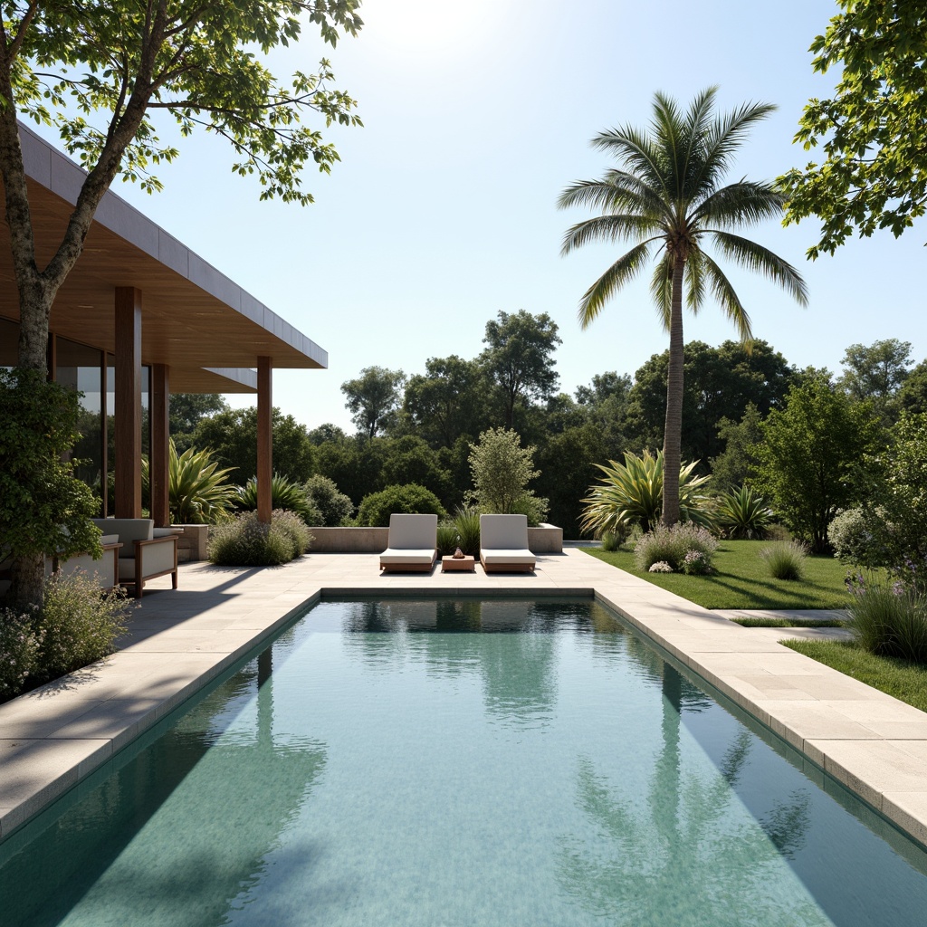 Prompt: Sleek pool design, minimalist architecture, clean lines, rectangular shapes, simple water features, calm reflections, subtle ripples, gentle water flow, peaceful ambiance, natural stone coping, porcelain tile flooring, soft gray tones, warm beige accents, lush greenery surroundings, tropical plants, palm trees, sunny day, high-key lighting, shallow depth of field, 1/2 composition, realistic textures, ambient occlusion.