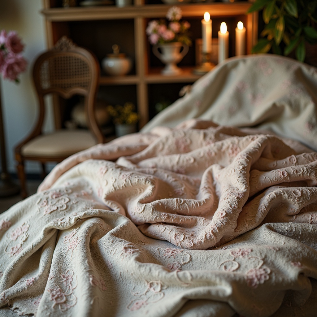 Prompt: Distressed vintage fabrics, soft pastel hues, delicate florals, lace trimmings, ruffled edges, linen textures, natural fibers, muted color palette, romantic patterns, subtle sheen, elegant draping, ornate details, antique furnishings, rustic wooden accents, weathered finishes, warm candlelight, intimate atmosphere, 1/1 composition, soft focus, gentle warmth.