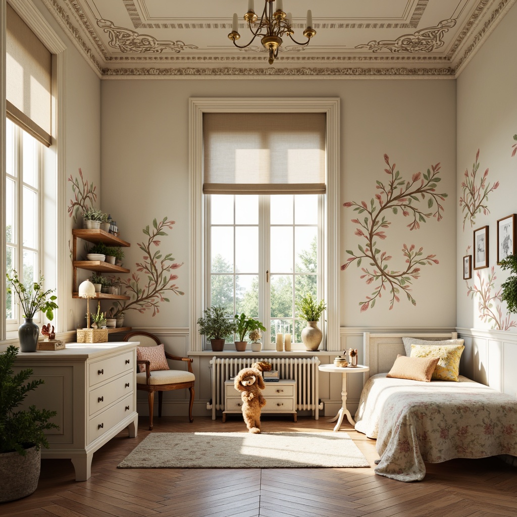 Prompt: Whimsical kid's room, ornate wall treatments, flowing curves, organic patterns, botanical motifs, soft pastel colors, delicate stencils, hand-painted murals, textured wallpaper, intricate moldings, decorative plasterwork, ornamental trim, vintage-inspired furniture, distressed finishes, warm golden lighting, shallow depth of field, 1/1 composition, intimate atmosphere.