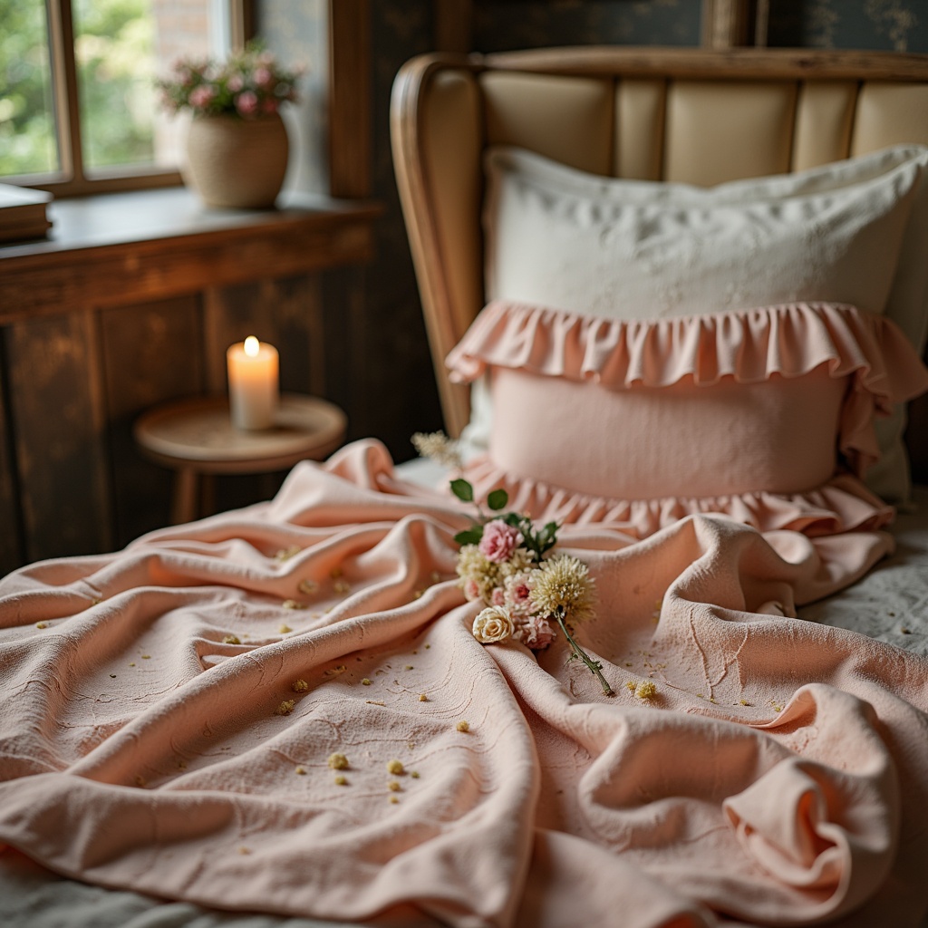 Prompt: Distressed vintage fabrics, soft peach tones, gentle lace trimmings, worn velvet textures, pastel-hued florals, subtle embroidery details, romantic ruffles, feminine silhouettes, rustic wooden furniture, distressed finishes, warm candlelight, shallow depth of field, 1/1 composition, intimate atmosphere, realistic fabric simulations.