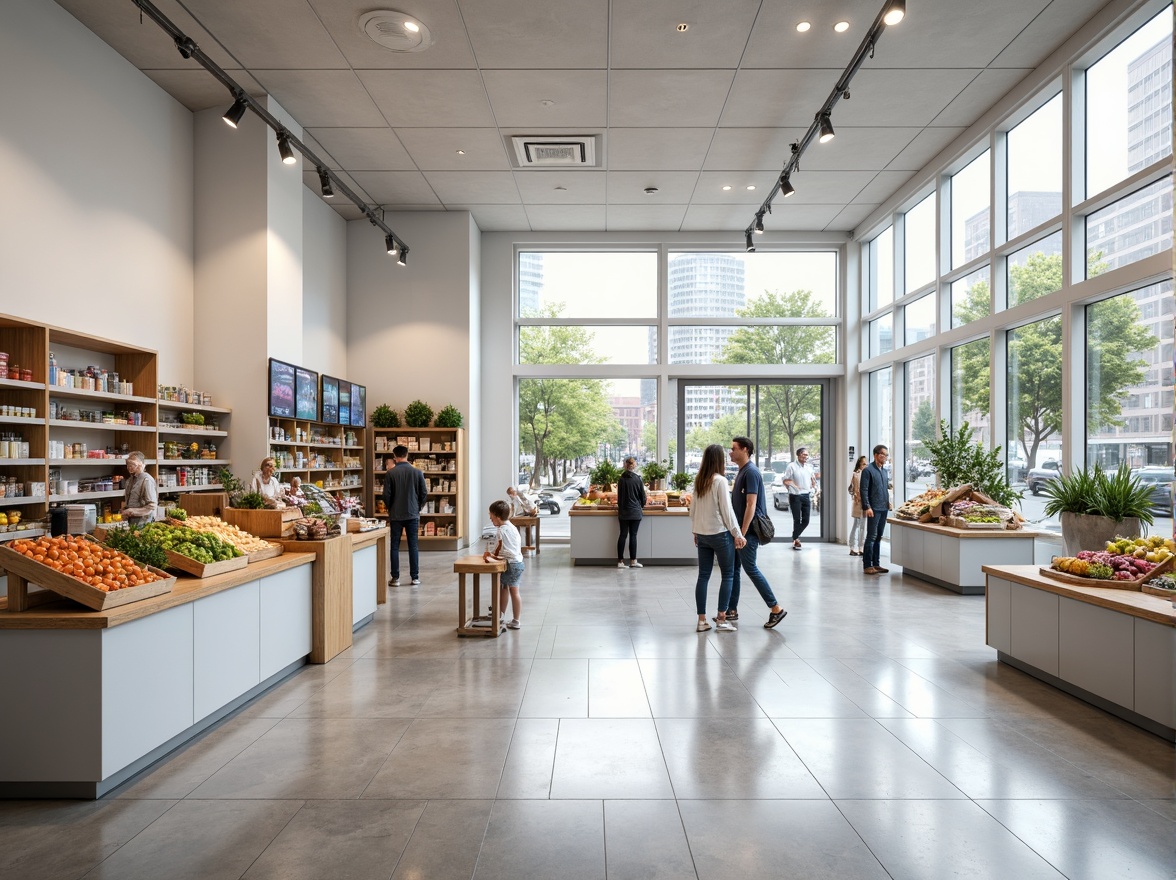 Prompt: Simple grocery store interior, white clean walls, polished concrete floors, minimal product displays, wooden shelving units, stainless steel countertops, industrial lighting fixtures, modern minimalist decor, abundant natural light, floor-to-ceiling windows, sliding glass doors, urban cityscape views, busy shopping atmosphere, 1/1 composition, softbox lighting, realistic textures, ambient occlusion.