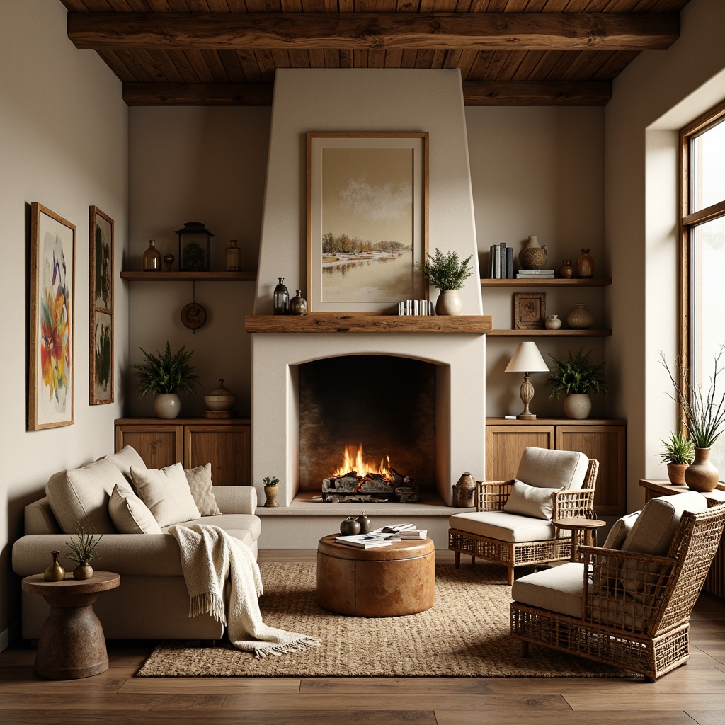 Prompt: Cozy living room, plush throw blankets, soft velvet sofas, woven wicker furniture, natural fiber rugs, warm beige walls, rustic wooden accents, crackling fireplace, comfortable reading nooks, vintage armchairs, distressed leather ottomans, earthy color palette, inviting ambiance, softbox lighting, 1/2 composition, realistic textures, ambient occlusion.