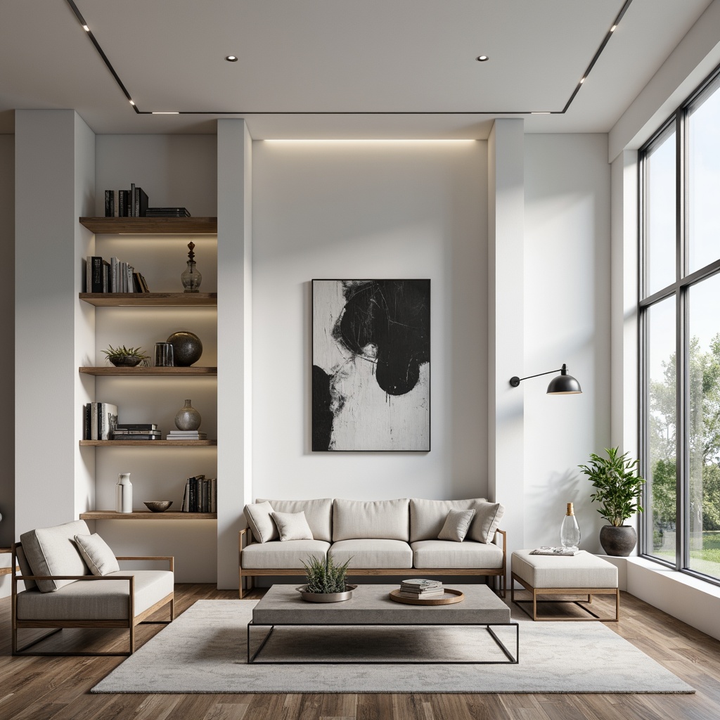 Prompt: Modern minimalist living room, sleek shelving units, simple geometric shapes, monochromatic color scheme, polished chrome accents, matte white surfaces, recessed lighting, subtle textures, calm atmosphere, natural materials, wooden floorboards, soft gray tones, abstract artwork, industrial-chic decor, 1/1 composition, shallow depth of field, warm ambient lighting.