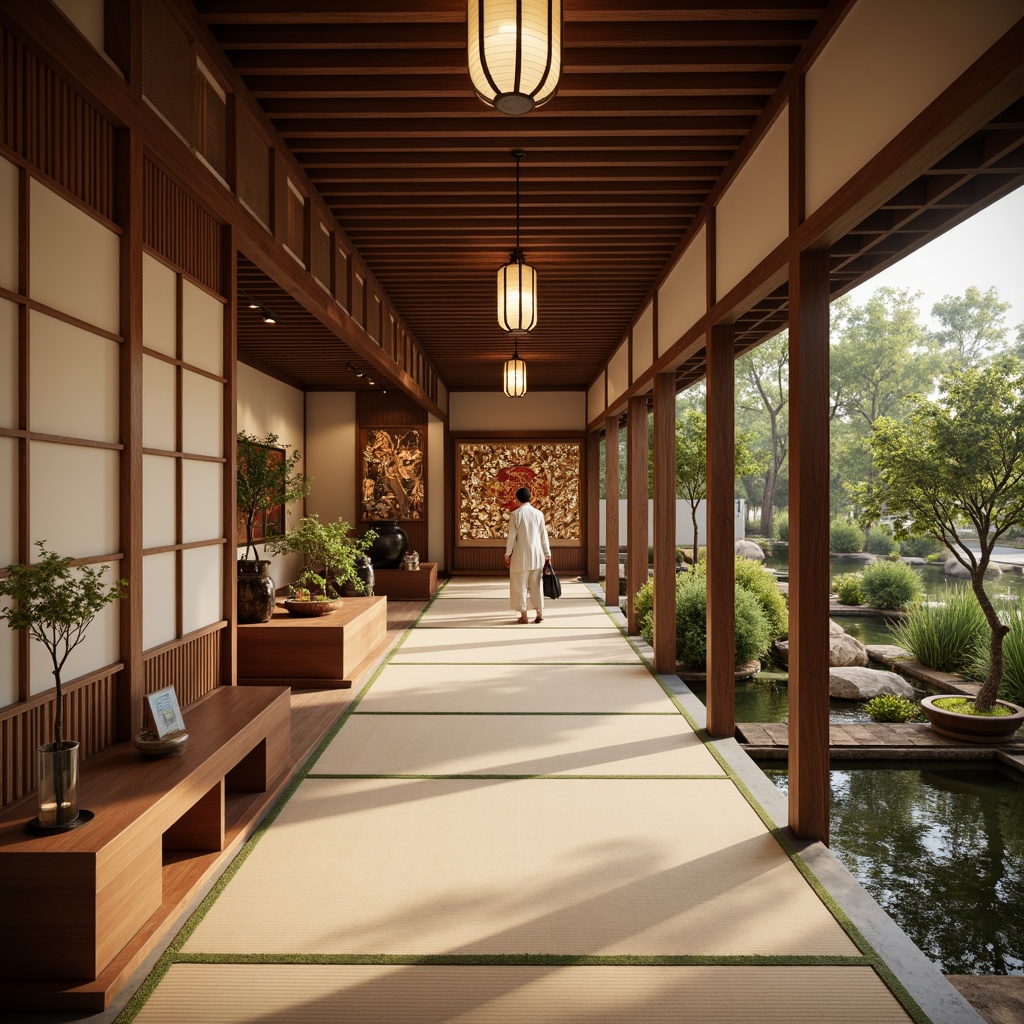 Prompt: Elegant Asian-style museum, traditional Japanese tatami floors, sliding shoji screens, natural wood accents, paper lanterns, serene water features, tranquil koi ponds, bonsai trees, intricately carved wooden panels, cultural artifacts displays, subtle lighting, warm beige tones, soft diffused light, 1/2 composition, shallow depth of field, realistic textures, ambient occlusion.