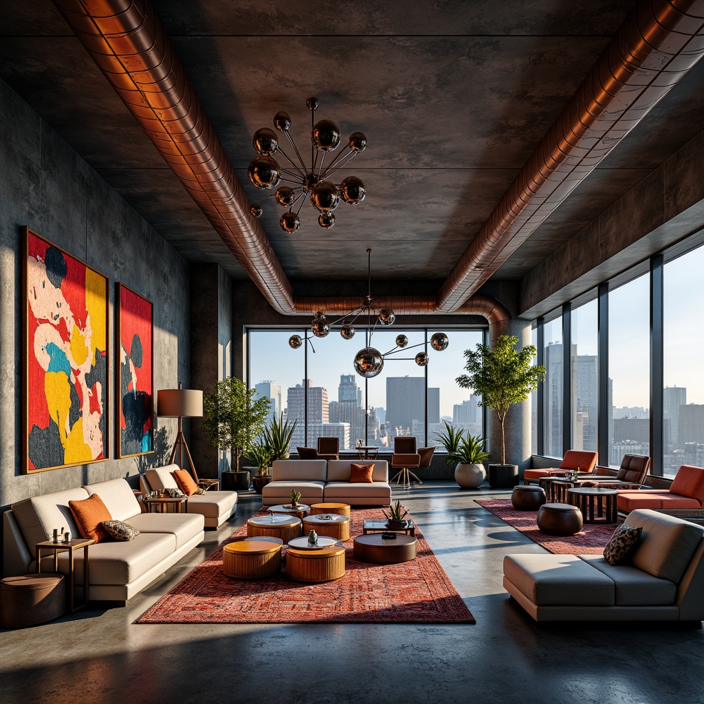 Prompt: Luxurious penthouse interior, open-space concept, expressionist architecture, bold color palette, eclectic furniture mix, vibrant artwork, sculptural lighting fixtures, polished concrete floors, exposed ductwork, floor-to-ceiling windows, cityscape views, panoramic vistas, 1/1 composition, dramatic shadows, moody ambient lighting, abstract textures, industrial-chic accents, metallic sheens, reclaimed wood features, futuristic appliances, sleek minimalism.