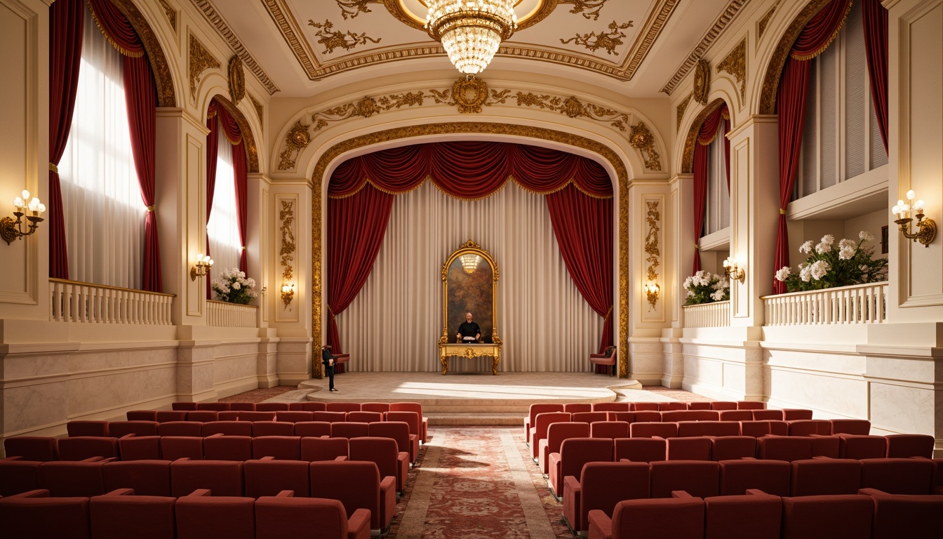 Prompt: Luxurious auditorium interior, ornate gold accents, delicate cream-colored walls, rich velvet curtains, intricate wooden carvings, soft pastel hues, pale pink marble columns, crystal chandeliers, lavish red drapes, ornamental mirrors, gilded frames, Baroque-inspired patterns, subtle sheen finishes, warm golden lighting, shallow depth of field, 1/1 composition, realistic textures, ambient occlusion.