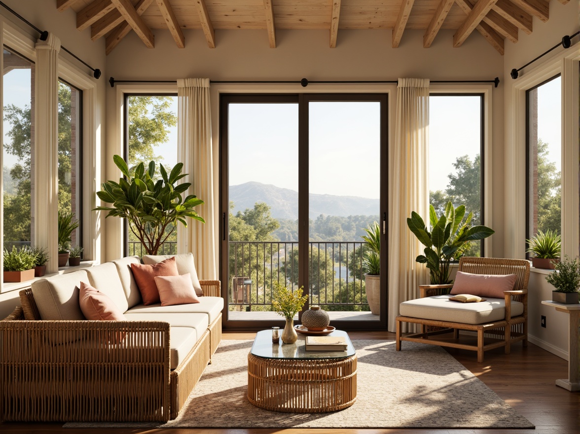 Prompt: Cozy sunroom, abundant natural light, warm atmosphere, comfortable wicker furniture, plush cushions, soft pastel colors, elegant wooden accents, glass coffee table, woven rattan chairs, lush greenery, potted plants, sliding glass doors, panoramic view, warm sunny day, soft diffused lighting, 1/1 composition, realistic textures, ambient occlusion.