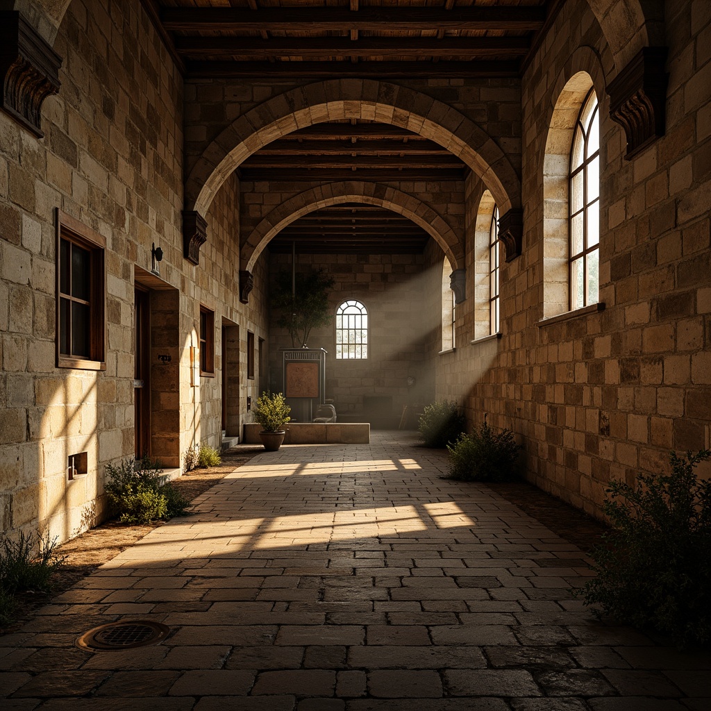 Prompt: Rustic monastery walls, distressed stonework, weathered wooden beams, industrial metal accents, ornate stone carvings, worn brick floors, dimly lit corridors, vaulted ceilings, grand archways, stained glass windows, mysterious shadows, warm golden lighting, high contrast ratios, dramatic composition, cinematic atmosphere, realistic textures, subtle grain effect.