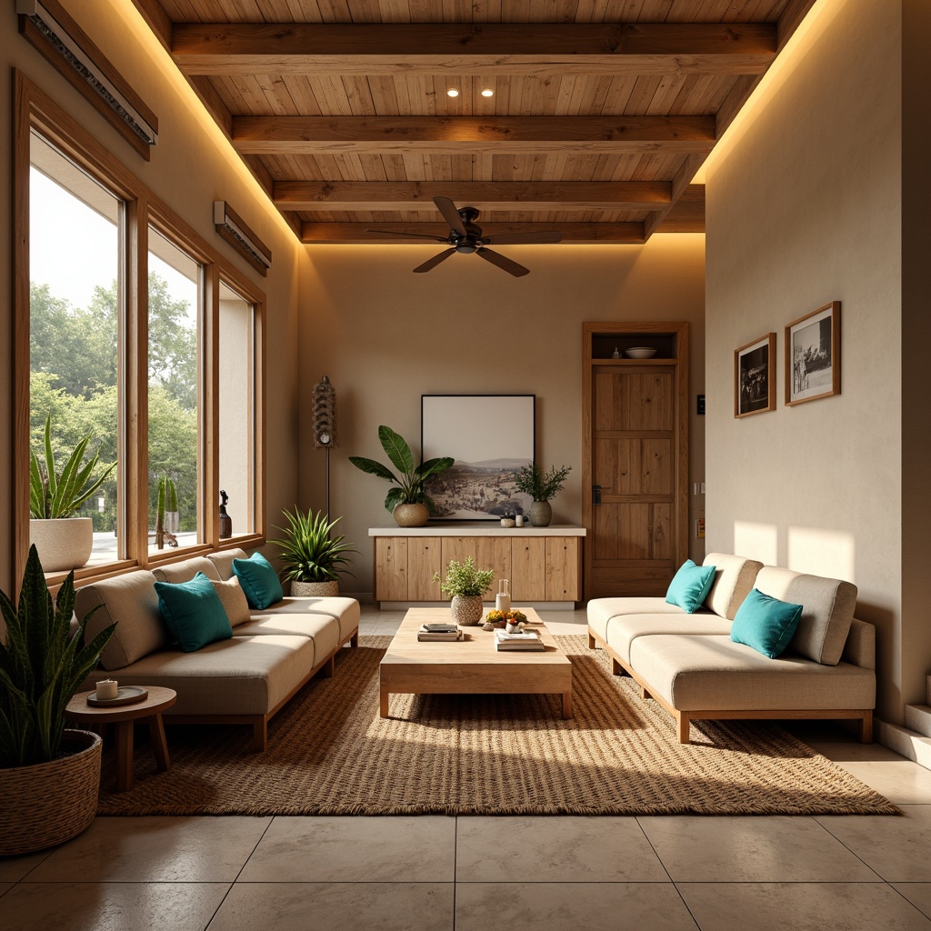 Prompt: Cozy living room, warm beige walls, plush velvet sofas, rustic wooden accents, soft golden lighting, creamy white marble countertops, earthy terracotta tiles, natural fiber rugs, minimalist decor, airy windows, lush greenery, vibrant turquoise accents, warm candlelight, shallow depth of field, 1/2 composition, realistic textures, ambient occlusion.