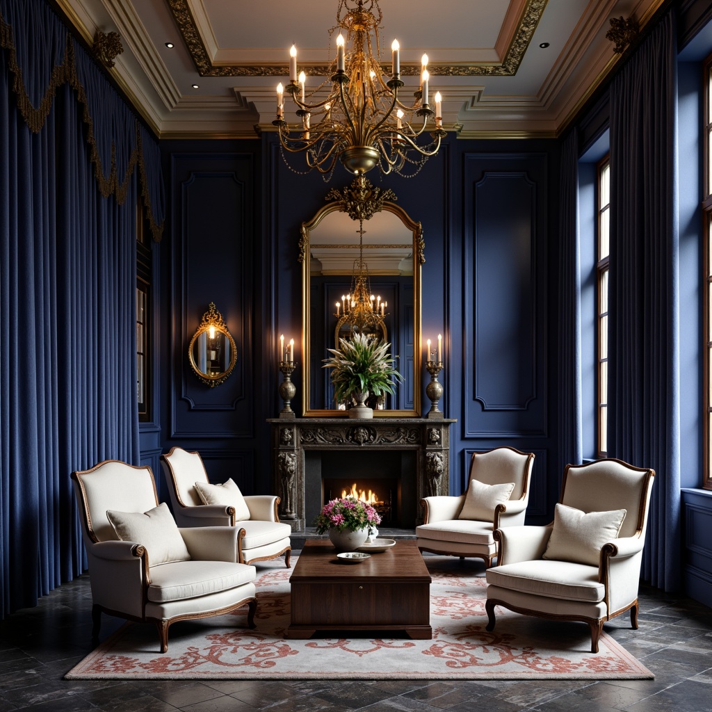 Prompt: Rich blue violet walls, luxurious velvet drapes, golden metallic accents, ornate chandeliers, dark wood furniture, intricate carvings, lavish marble floors, soft cream-colored upholstery, subtle sheen fabrics, warm candlelight, ambient shadows, 1/2 composition, intimate atmosphere, sophisticated elegance, refined textures, realistic reflections.