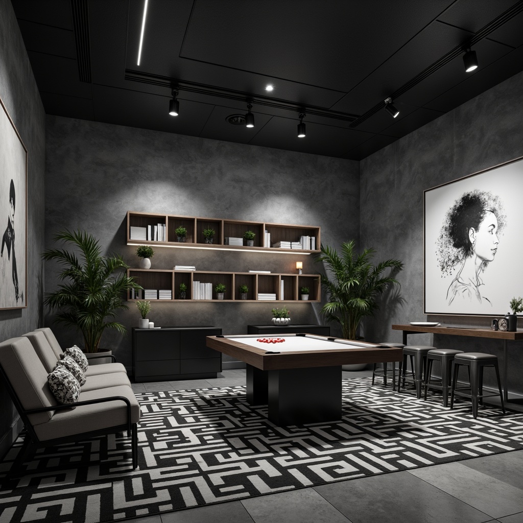 Prompt: Monochromatic game room, sleek console tables, minimalist shelving units, industrial metal chairs, neon accent lights, concrete floors, geometric patterned rugs, modern abstract artwork, ambient softbox lighting, shallow depth of field, 1/1 composition, realistic textures, subtle color grading.