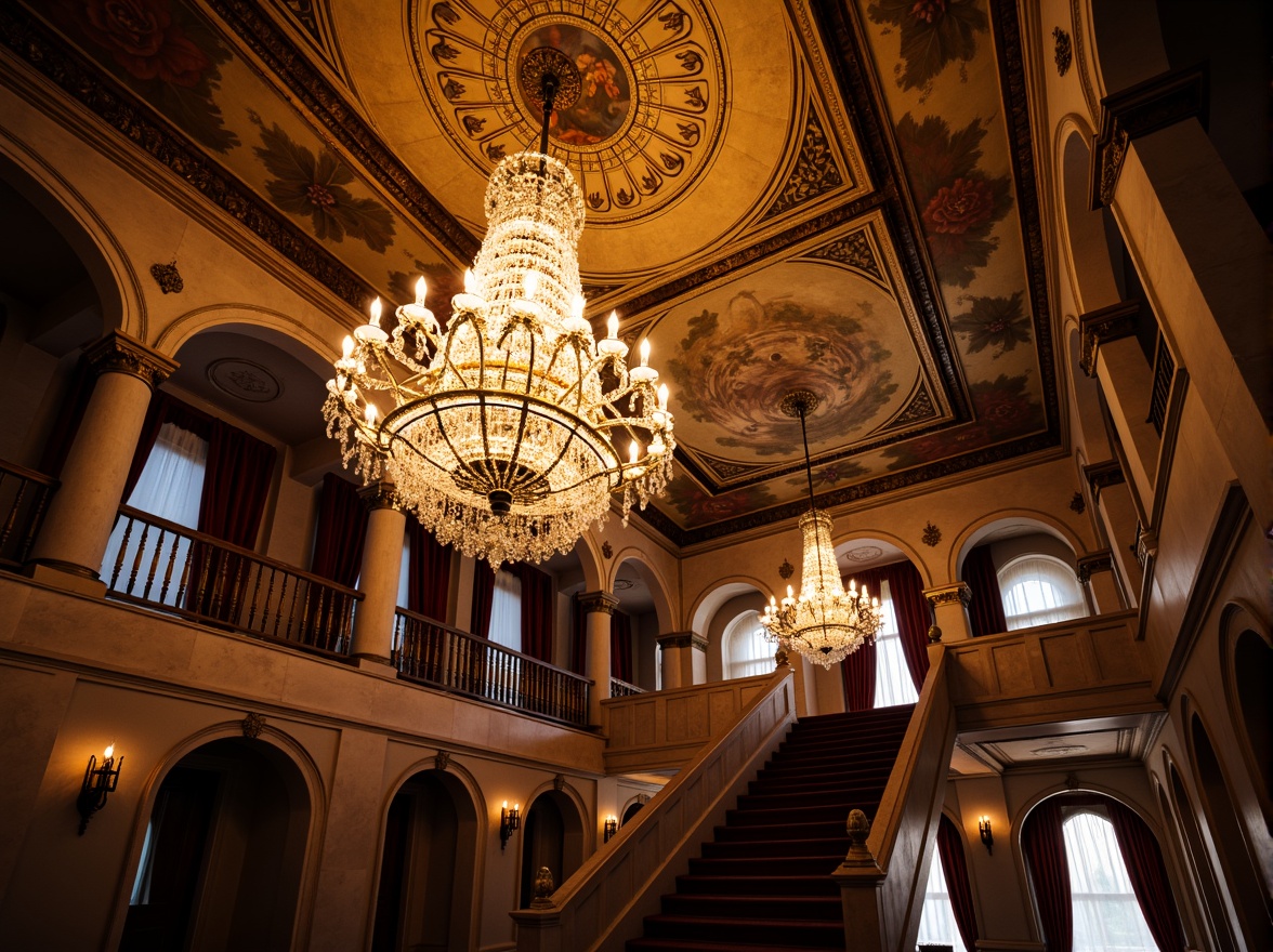 Prompt: Opulent chandeliers, grandiose crystal droplets, lavish gold leafing, ornate fresco ceilings, majestic archways, sweeping staircases, rich velvet drapes, intricate wooden paneling, dramatic shadowplay, warm golden lighting, soft ambient glow, 1/2 composition, low-angle shot, cinematic atmosphere, realistic reflections, subtle lens flares.