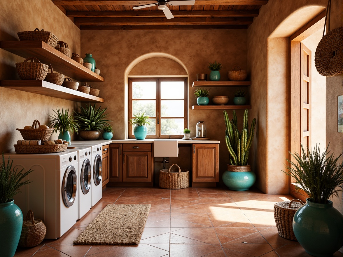 Prompt: Southwestern laundry room, warm earthy tones, terracotta tile flooring, rustic wooden cabinets, woven baskets, natural fiber rugs, vibrant turquoise accents, desert-inspired plants, soft warm lighting, 1/1 composition, shallow depth of field, realistic textures, ambient occlusion.