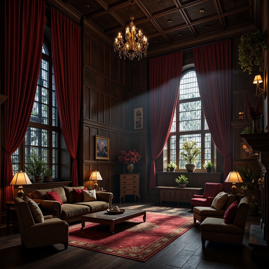 Prompt: Dark mysterious ambiance, rich velvet drapes, ornate wooden furnishings, grand chandeliers, stained glass windows, pointed arches, ribbed vaults, bamboo accents, natural textures, earthy tones, subtle lighting, warm candle glow, eerie shadows, mystical atmosphere, intricate carvings, luxurious fabrics, regal colors, ancient inspirations, organic patterns, harmonious balance, 1/2 composition, soft focus, cinematic mood.