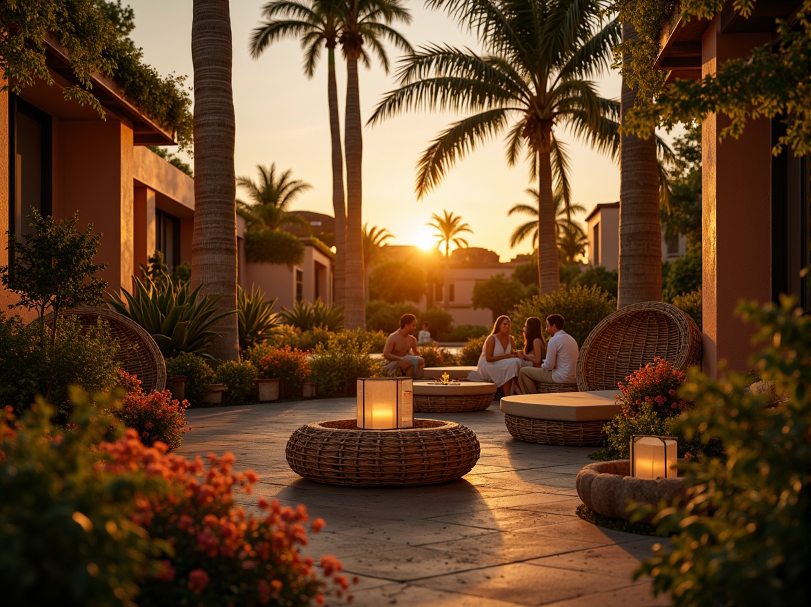 Prompt: Warm tropical ambiance, soft golden lighting, subtle gradient sunset, palm trees swaying gently, woven bamboo lanterns, natural fiber textiles, distressed wood accents, earthy terracotta tones, lush greenery, exotic floral arrangements, ambient warm glow, shallow depth of field, 1/1 composition, realistic textures, vibrant colorful hues, relaxed atmosphere.