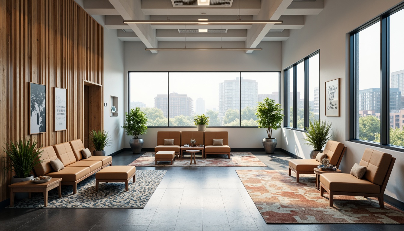 Prompt: Modern office interior, natural wood accents, calming blue tones, creamy white walls, earthy brown furniture, vibrant green plants, geometric patterned rugs, minimalistic decor, ample natural light, soft warm lighting, shallow depth of field, 3/4 composition, realistic textures, ambient occlusion.