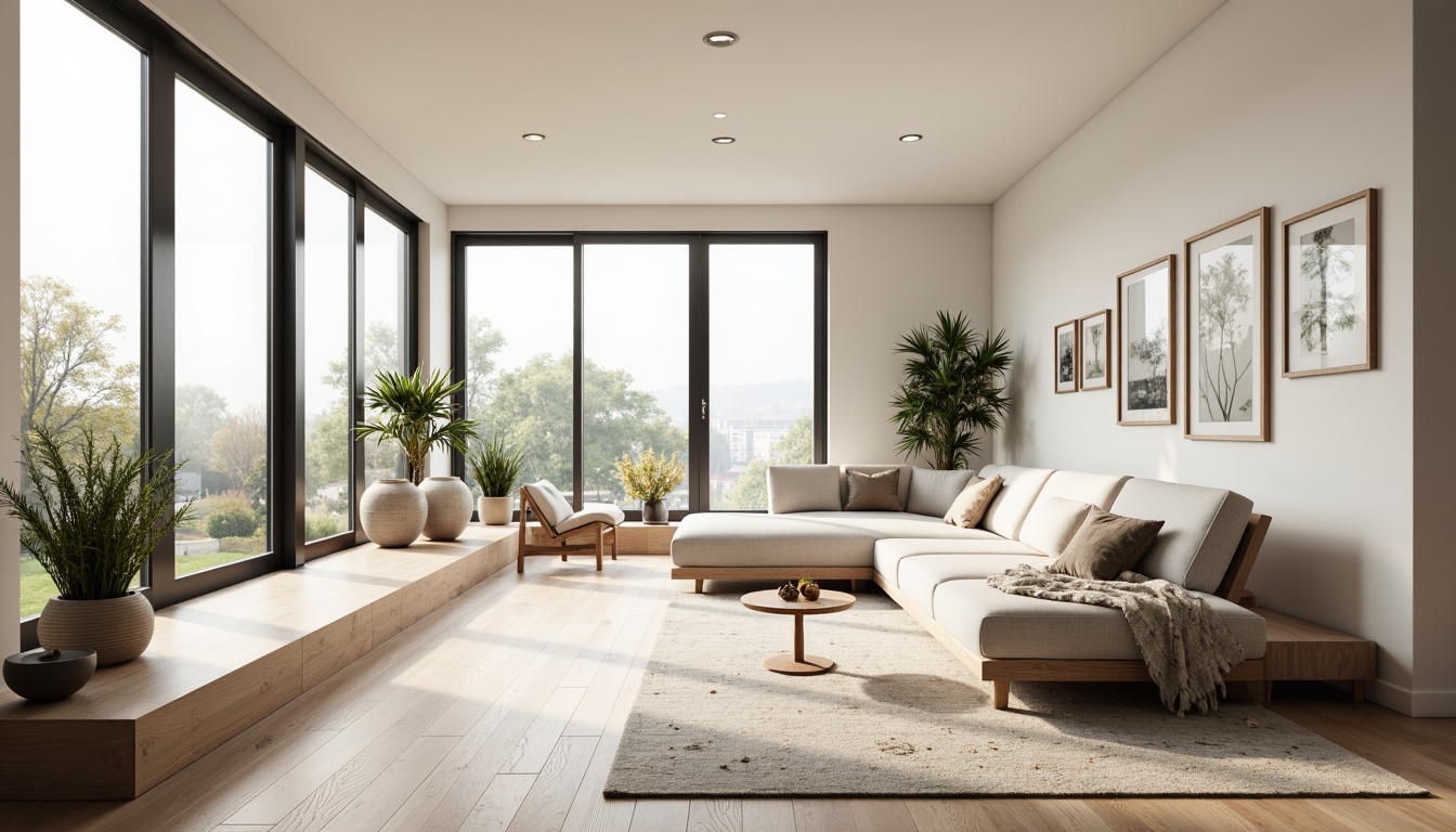 Prompt: Minimalist Scandinavian living room, large windows, sliding glass doors, bright natural light, white walls, light wood flooring, minimal ornamentation, cozy reading nook, plush throw blankets, nature-inspired artwork, potted plants, botanical patterns, soft warm lighting, shallow depth of field, 3/4 composition, panoramic view, realistic textures, ambient occlusion.