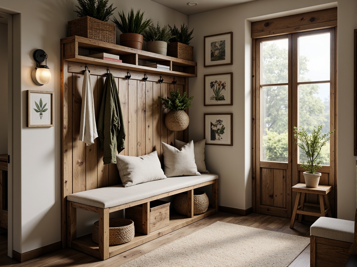 Prompt: Rustic mudroom, reclaimed wood bench, vintage metal accents, plush cushions, natural linen upholstery, distressed wooden floors, earthy color palette, farmhouse decor, rustic chic lighting fixtures, woven baskets, potted plants, botanical prints, soft warm ambiance, shallow depth of field, 1/2 composition, realistic textures, ambient occlusion.