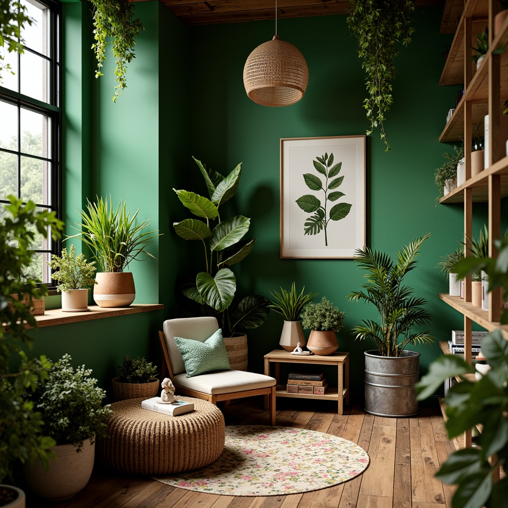 Prompt: Vibrant green walls, lush foliage, tropical plants, natural textures, woven baskets, reclaimed wood accents, earthy tones, organic shapes, cozy reading nooks, soft warm lighting, shallow depth of field, 3/4 composition, intimate atmosphere, serene ambiance, calming color palette, botanical patterns, nature-inspired decor, rustic metal planters, whimsical garden ornaments.