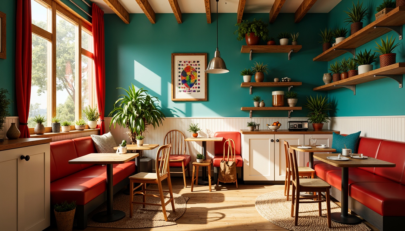 Prompt: Vibrant eclectic breakfast nook, warm sunny morning, cozy corner seating, distressed wooden tables, mismatched vintage chairs, rich turquoise walls, bold red accents, creamy white cabinets, natural woven rugs, potted greenery, industrial metal lighting, reclaimed wood shelves, playful polka dot patterns, soft golden lighting, shallow depth of field, 1/2 composition, intimate atmosphere.