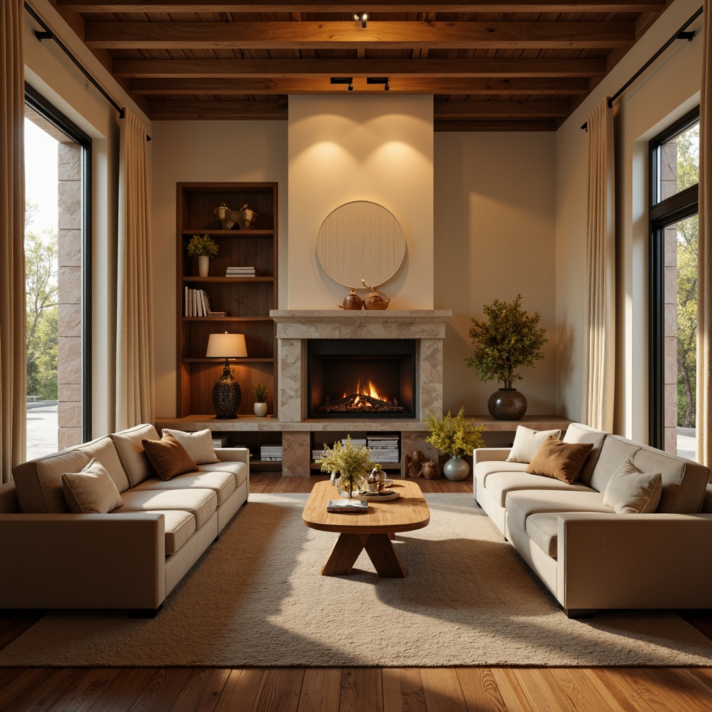 Prompt: Cozy living room, warm beige walls, rich walnut wood furniture, plush velvet sofas, soft golden lighting, natural stone fireplace, minimalist decor, calming atmosphere, earthy tone color scheme, warm neutrals, comforting ambiance, intimate setting, relaxing vibe, subtle texture contrast, 1/1 composition, soft focus, warm glow.