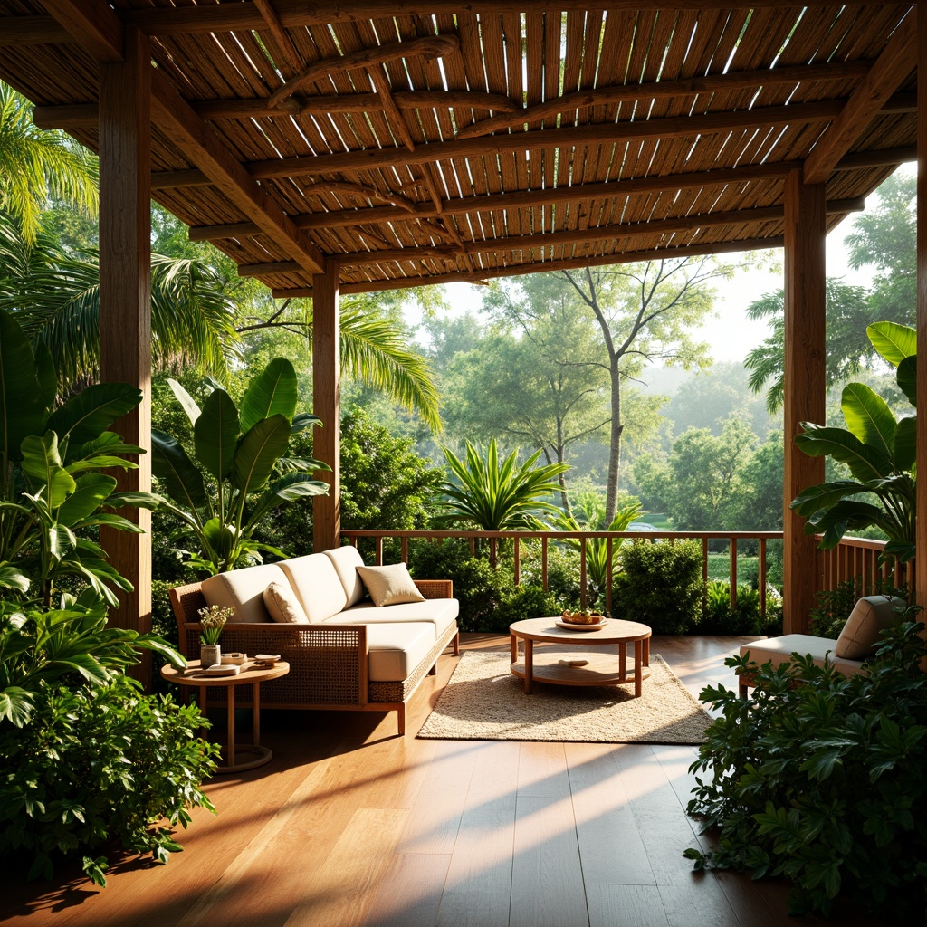 Prompt: Vibrant tropical interior, lush greenery, exotic plants, natural woven fibers, rattan furniture, wooden accents, large windows, sliding glass doors, open-air balconies, sunny day, soft warm lighting, shallow depth of field, 3/4 composition, panoramic view, realistic textures, ambient occlusion.