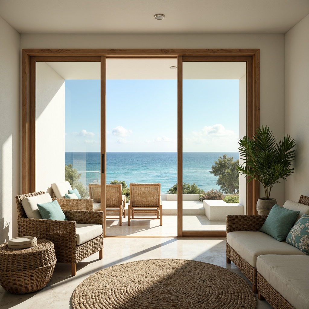 Prompt: Coastal villa, large windows, sliding glass doors, ocean views, natural light pouring in, airy atmosphere, creamy white walls, driftwood accents, woven sea grass furniture, soft blue and green hues, coral-inspired patterns, shells and pebbles decorations, beachy textiles, warm sandy floors, minimal ornamentation, unobstructed sightlines, 1/1 composition, bright morning sunlight, gentle afternoon glow, subtle shadows, realistic reflections.