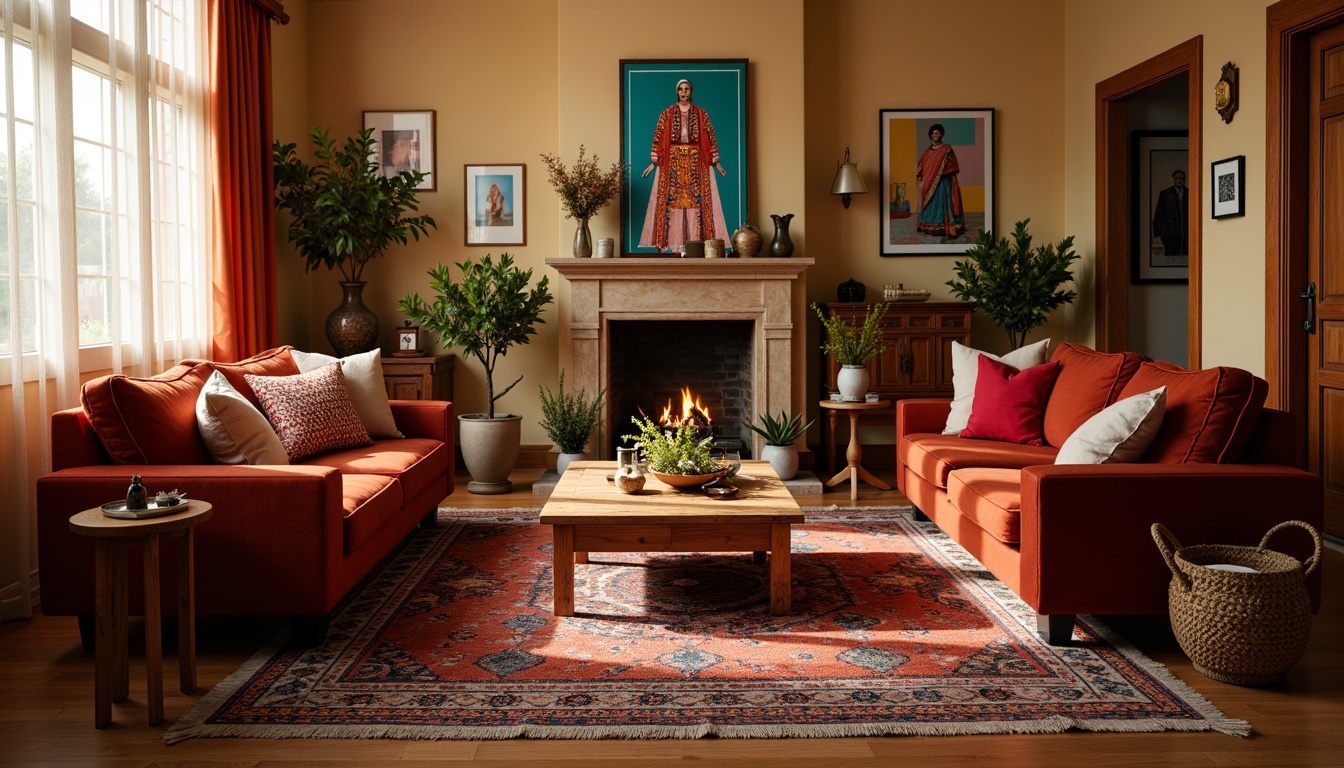 Prompt: Cozy living room, plush velvet sofa, soft cushioned chairs, warm beige walls, rich wood flooring, vibrant colorful textiles, intricate geometric patterns, Moroccan-inspired tiles, comfortable throw blankets, ambient warm lighting, shallow depth of field, 3/4 composition, realistic fabrics, subtle texture details.