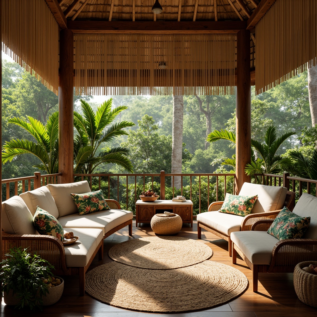 Prompt: Tropical living room, rattan furniture, plush cushions, vibrant jungle prints, exotic wooden accents, natural fiber rugs, woven bamboo walls, lush greenery, palm trees, warm sunny day, soft diffused lighting, 1/1 composition, intimate atmosphere, cozy reading nooks, curved lines, organic shapes, earthy tones, woven textiles, tropical flowers, ambient music.