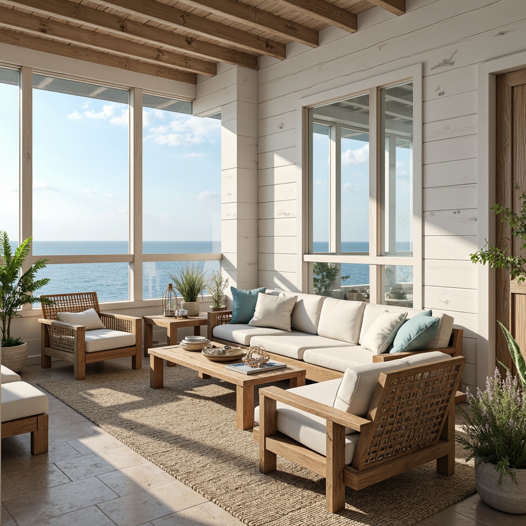 Prompt: Driftwood-finished wooden furniture, natural linen upholstery, distressed metal accents, beachy vibe, coastal-inspired decor, white shiplap walls, sandy-hued flooring, sea-glass blue-green color palette, organic shapes, woven wicker details, nautical ropes, vintage marine artifacts, airy open spaces, floor-to-ceiling windows, ocean views, warm sunny lighting, soft focus blur, 1/2 composition, relaxed casual atmosphere.