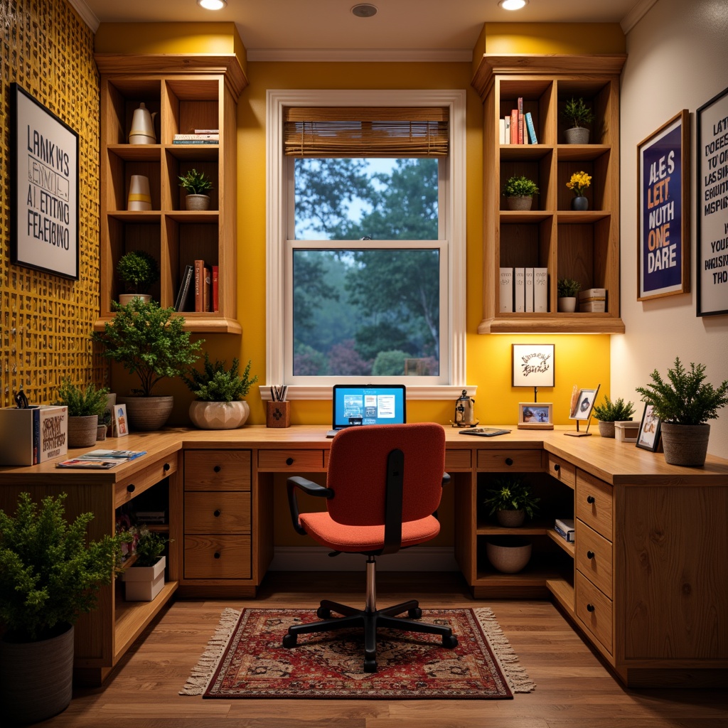 Prompt: Cozy study nook, vibrant color scheme, wooden desk, comfortable cushioned chair, soft warm lighting, natural textiles, motivational quotes, framed artwork, built-in bookshelves, decorative storage bins, inspirational wallpaper, stimulating rugs, ergonomic laptop stand, convenient power outlets, calming plants, soothing ambient sounds, shallow depth of field, 1/1 composition, intimate atmosphere.