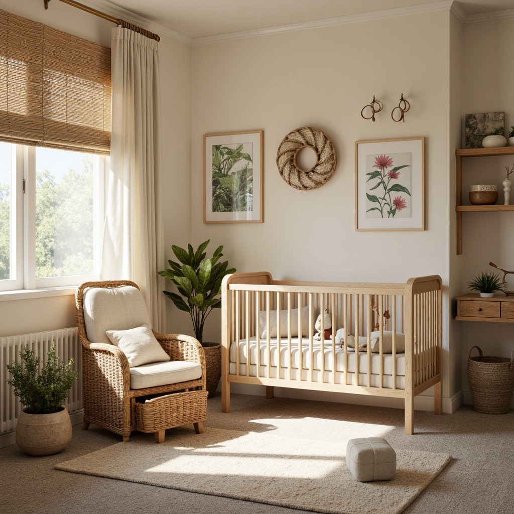 Prompt: Cozy nursery, natural wood accents, earthy tones, plush carpets, vintage-inspired furniture, soft pastel colors, gentle drapery, billowy curtains, rustic wooden blinds, woven bamboo shades, warm cream-colored walls, creamy white trim, botanical prints, nature-inspired textiles, organic patterns, subtle geometric motifs, warm afternoon sunlight, soft focus photography, shallow depth of field, 1/1 composition.