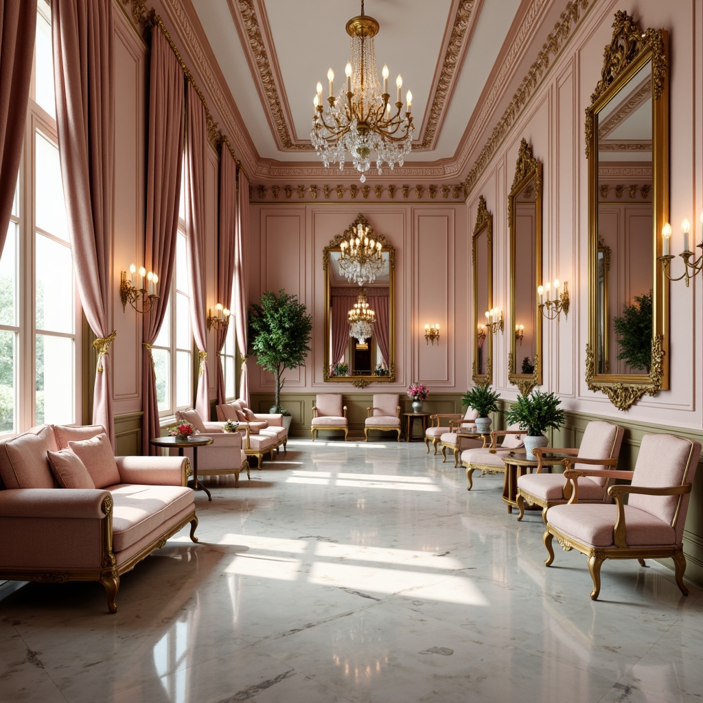 Prompt: Luxurious golden frames, soft blush pink hues, ornate mirrors, velvet drapes, rich turquoise accents, creamy white marble, intricate carvings, opulent chandeliers, lavish furnishings, Baroque-inspired patterns, delicate lace details, pastel color palette, warm candlelight, shallow depth of field, 1/2 composition, intimate atmosphere, realistic textures, ambient occlusion.