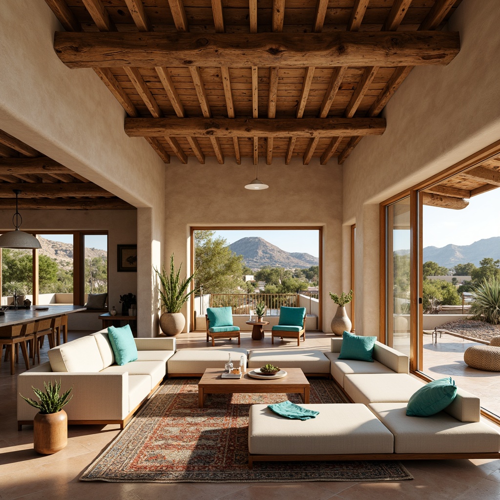 Prompt: Southwestern-inspired open floor plan, spacious living area, high ceilings, wooden beams, earthy tones, adobe-style architecture, rustic wooden accents, natural stone floors, cozy nooks, comfortable seating areas, vibrant turquoise accents, woven textiles, geometric patterns, large windows, sliding glass doors, desert landscape views, warm sunny day, soft diffused lighting, 1/1 composition, realistic textures, ambient occlusion.