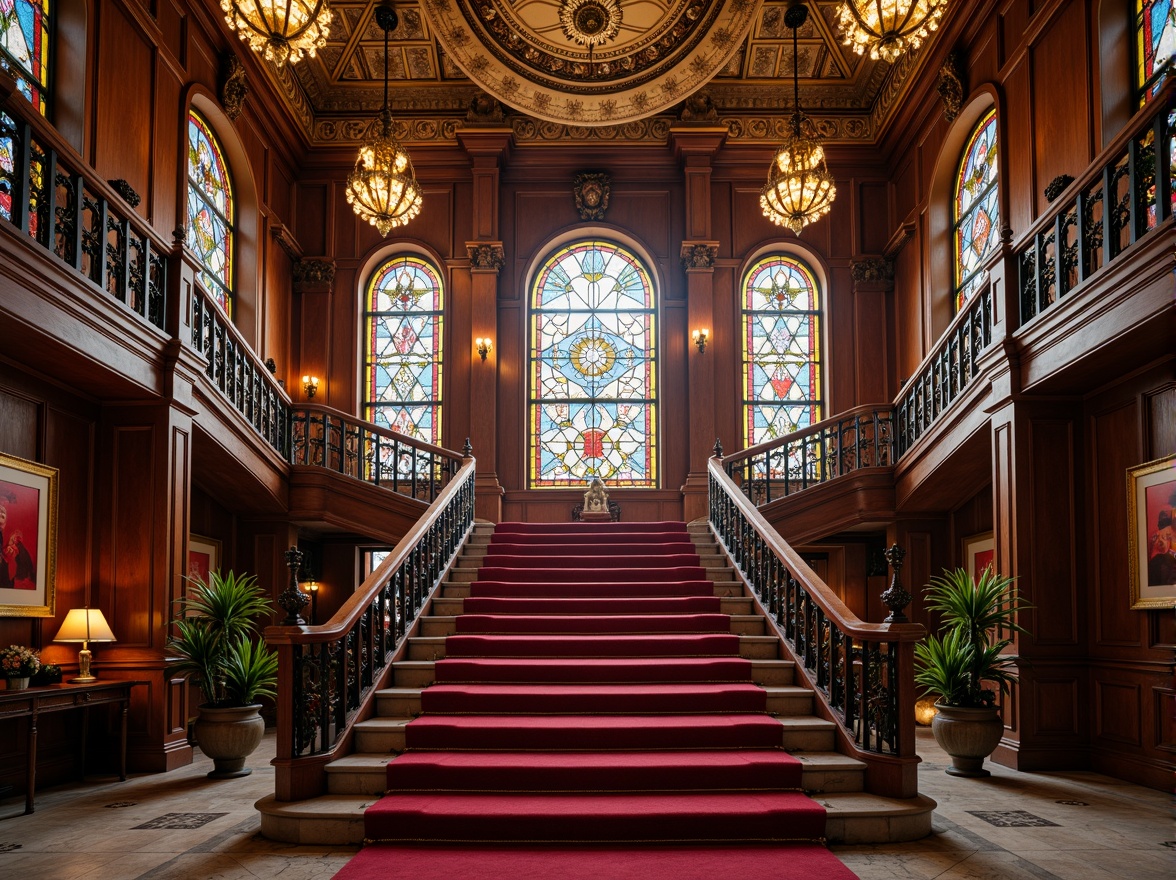 Prompt: Vibrant staircase, ornate banisters, grandiose chandeliers, richly colored stained glass panels, intricate geometric patterns, ornamental ironwork, luxurious carpeted steps, polished wooden handrails, majestic vaulted ceiling, soft warm lighting, dramatic shadows, 1/1 composition, symmetrical framing, realistic textures, ambient occlusion.