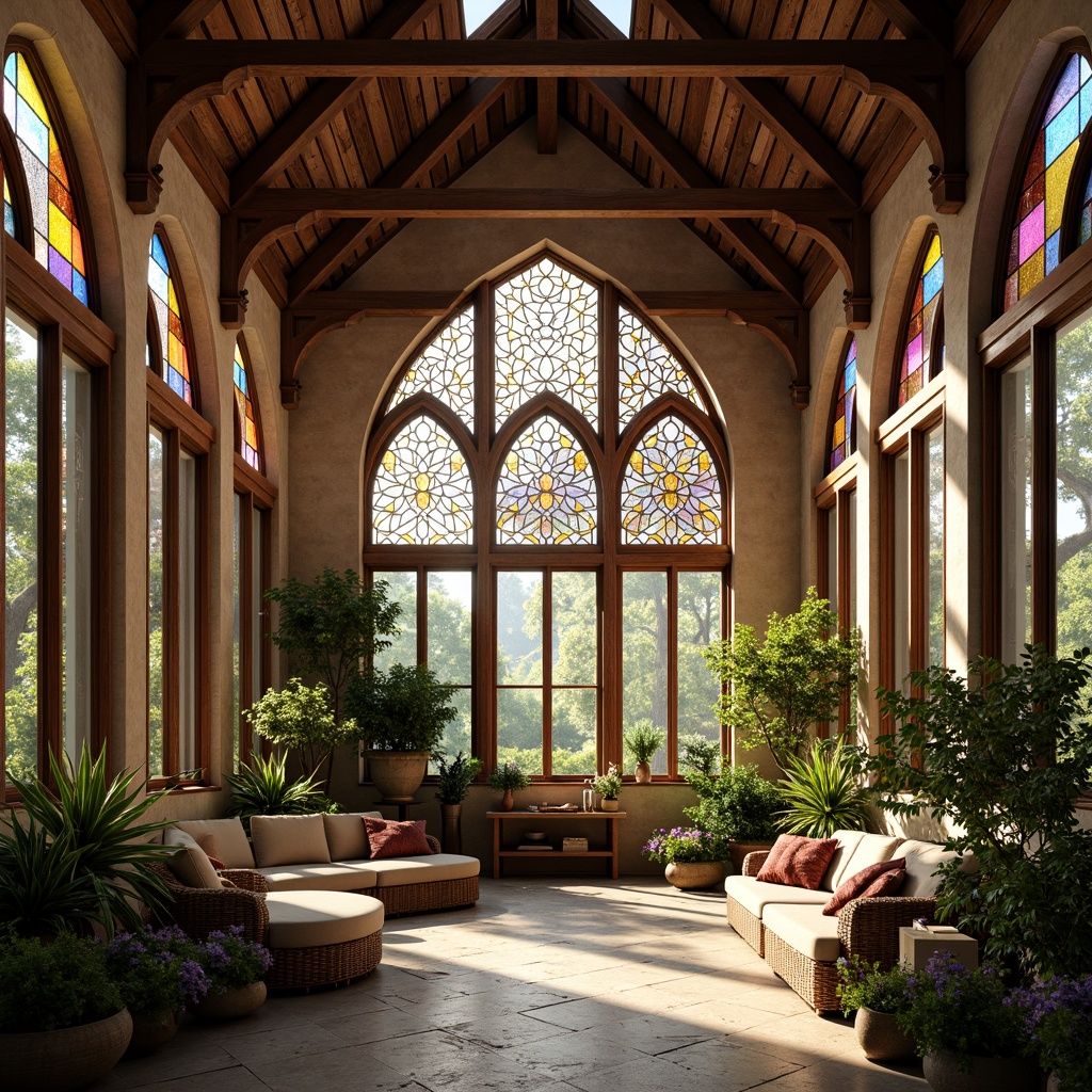 Prompt: Grandiose sunroom, intricately carved stone walls, majestic pointed arches, stunning stained glass windows, ornate metalwork, vibrant kaleidoscope colors, warm golden lighting, lush greenery, exotic plants, wooden ceiling beams, rustic furniture, medieval-inspired decor, dramatic high ceilings, clerestory windows, soft diffused light, subtle shadows, 1/1 composition, symmetrical framing, cinematic ambiance, mystical atmosphere.