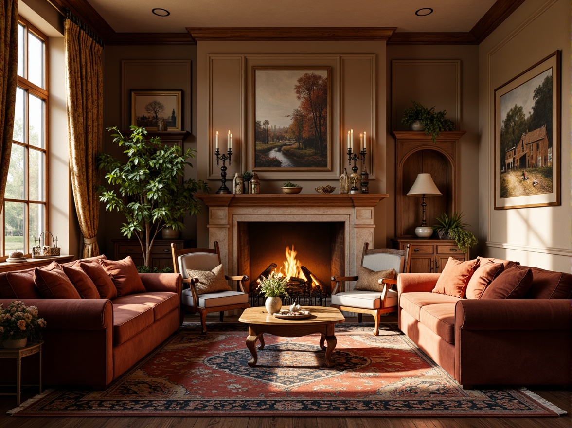 Prompt: Warm traditional living room, rich wood tones, plush velvet sofas, ornate wooden armchairs, soft golden lighting, crackling fireplace, vintage rugs, heavy drapery, luxurious fabrics, intricate patterns, warm beige walls, comfortable oversized pillows, natural stone accents, rustic wooden coffee tables, ornate metalwork, autumnal color palette, soft focus, shallow depth of field, 2/3 composition, warm inviting atmosphere.