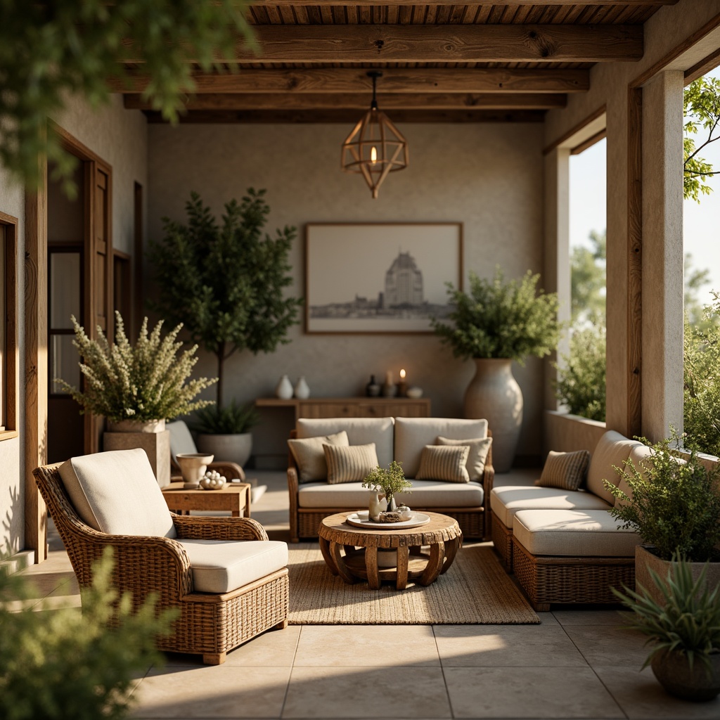 Prompt: Earthy olive tones, warm beige accents, soft sage undertones, natural terracotta, earthy brown textures, organic linen fabrics, woven rattan furniture, lush greenery, blooming wildflowers, rustic wooden accents, vintage distressed finishes, cozy candlelit ambiance, soft warm lighting, shallow depth of field, 3/4 composition, realistic textures, ambient occlusion.