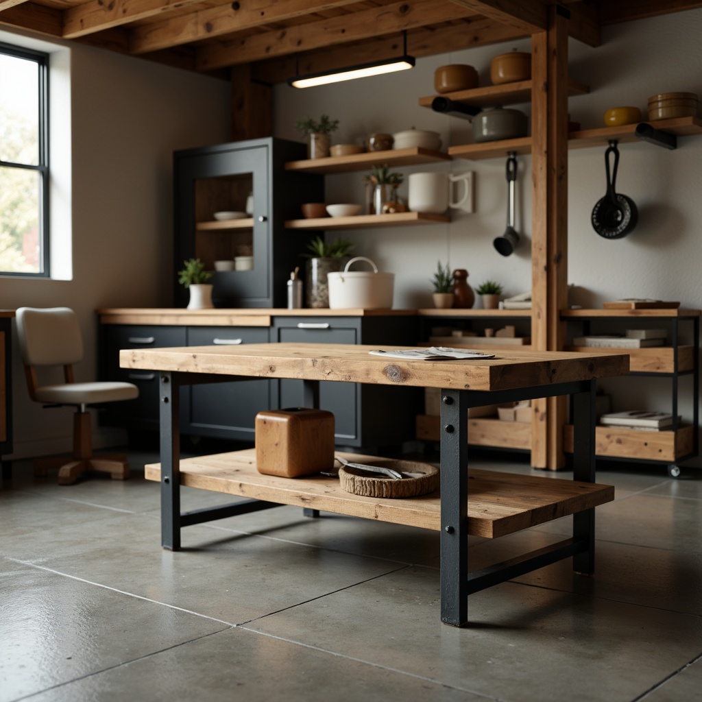 Prompt: Simple modern garage, industrial-style workbench, wooden or metal frame, minimal ornamentation, clean lines, functional design, ample workspace, built-in tool storage, rustic metal legs, distressed wood finish, warm soft lighting, shallow depth of field, 3/4 composition, realistic textures, ambient occlusion.