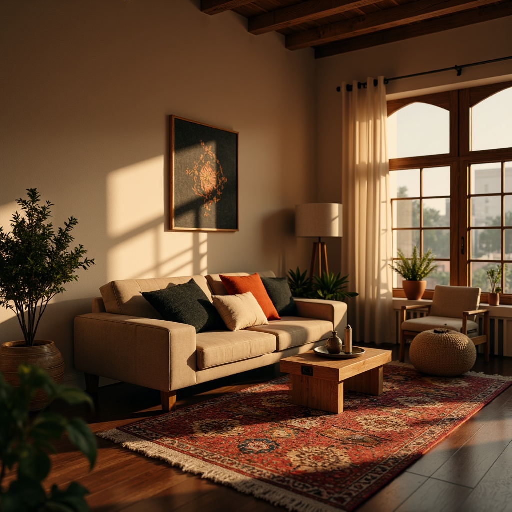 Prompt: Cozy living room, plush throw pillows, soft velvety couch, warm beige walls, dark wooden floors, modern minimalist coffee table, vibrant colorful rugs, intricate geometric patterns, Moroccan-inspired tiles, ambient warm lighting, shallow depth of field, 1/1 composition, realistic textures, soft focus effect.