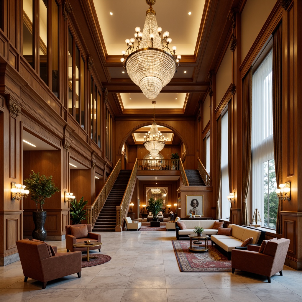 Prompt: Luxurious hotel lobby, rich wood tones, velvet upholstery, ornate mirrors, crystal chandeliers, tufted sofas, wingback chairs, marble floors, intricate moldings, gilded accents, lavish curtains, grand staircase, elegant corridors, sophisticated lighting fixtures, warm beige walls, comfortable seating areas, refined coffee tables, decorative vases, classic artwork, subtle patterns, soft warm lighting, shallow depth of field, 1/2 composition, realistic textures, ambient occlusion.