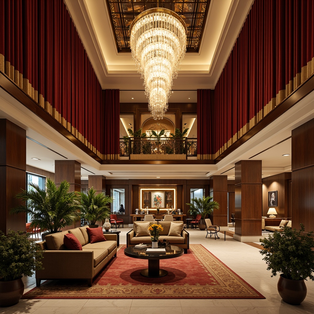 Prompt: Luxurious hotel lobby, grand chandelier, ornate furnishings, rich velvet drapes, intricate wood carvings, polished marble floors, opulent crystal fixtures, elegant classic columns, lavish flower arrangements, comfortable plush sofas, warm golden lighting, shallow depth of field, 1/1 composition, realistic textures, ambient occlusion, soft focus effect.