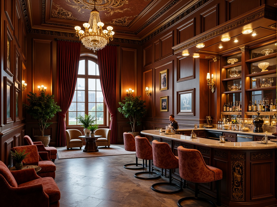 Prompt: Luxurious home bar, rich wood tones, ornate carvings, gilded accents, velvet drapes, crystal chandeliers, intricate moldings, marble countertops, antique furnishings, Renaissance-inspired patterns, golden lighting fixtures, soft warm glow, shallow depth of field, 1/2 composition, realistic textures, ambient occlusion.