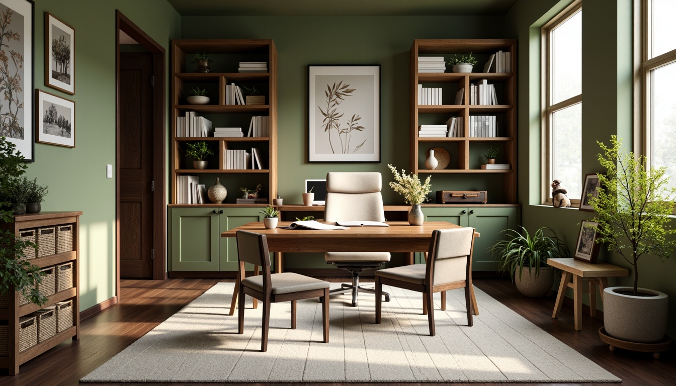 Prompt: Cozy home office, natural wood desk, ergonomic chair, abundant storage, floor-to-ceiling bookshelves, greenery walls, warm task lighting, comfortable textiles, minimal decor, functional layout, ample legroom, inspiring artwork, calming color palette, organized workspace, noise-cancelling headphones, modern technology integration, sleek laptop stand, flexible shelving units, built-in cable management, airy atmosphere, natural ventilation, productive ambiance, shallow depth of field, 1/1 composition, realistic textures, ambient occlusion.